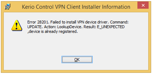 Kerio vpn client ошибка 28201 не удалось установить драйвер